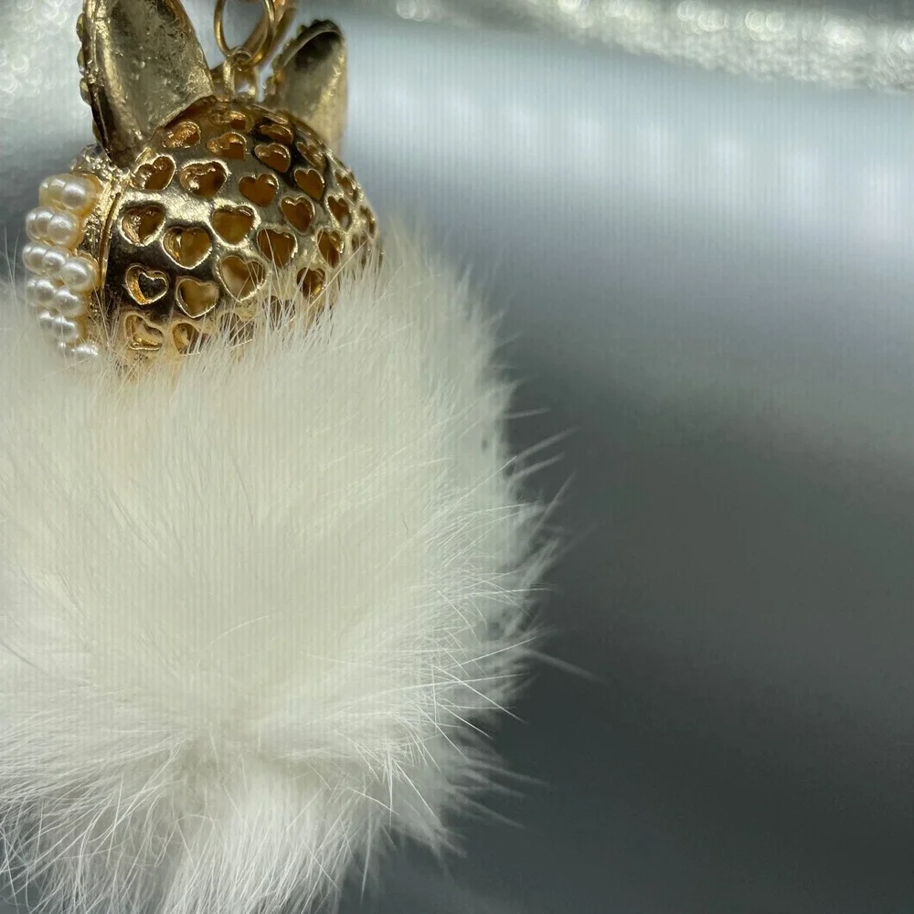 White Faux Fur Pom Pom Keychain Gold Fox Rhinestone Pearl Bag Charm Accessory